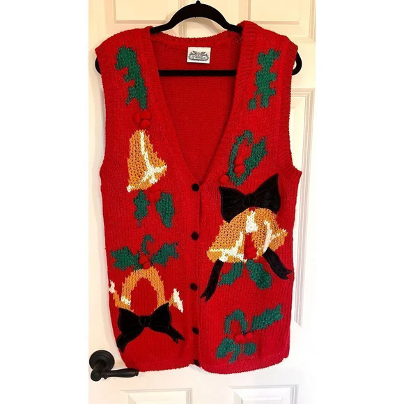 Vintage The Villager Women’s Large Red Christmas Yuletide Bell Ugly Vest Jacket - Picture 1 of 10